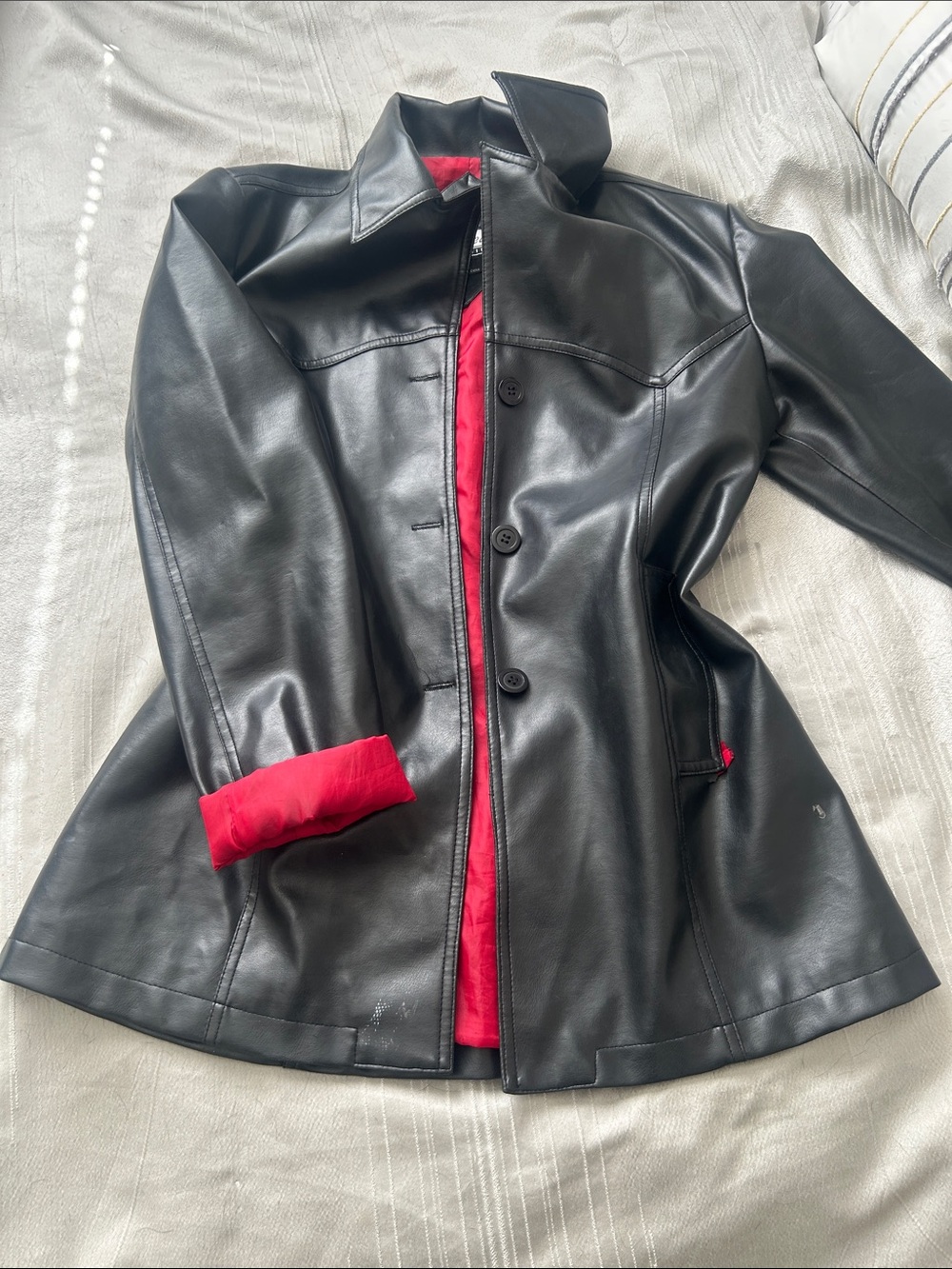 Wet Seal Black Faux Leather Jacket with Red Lining
